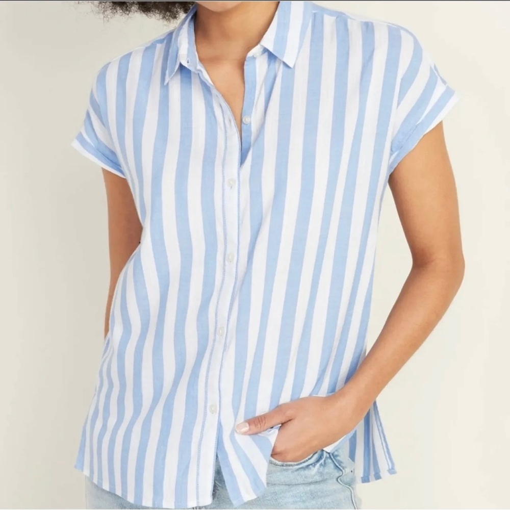 Vertical-Stripe Cap-Sleeve Shirt